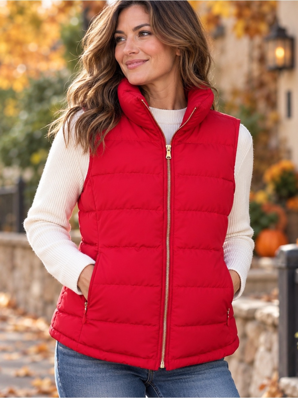 Talbots Women’s M Red Down Puffer Vest Duck Down Feather Gold Zip Quilted